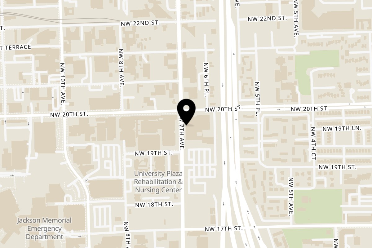 Map showing the location of World Famous House of Mac on 1951 NW 7th Ave Suite 190 in Miami